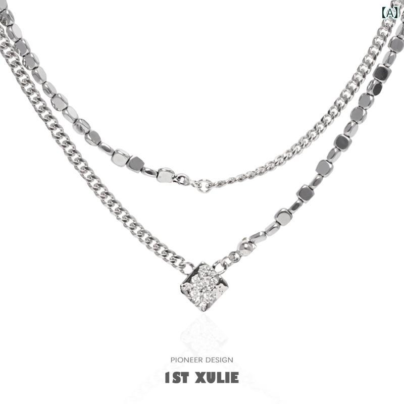 ネックレス メンズ レディース 925シルバー シルバー 個性的 ダブルレイヤー ジルコニア 上品 クール モード Y2Kファッションスタイル ..