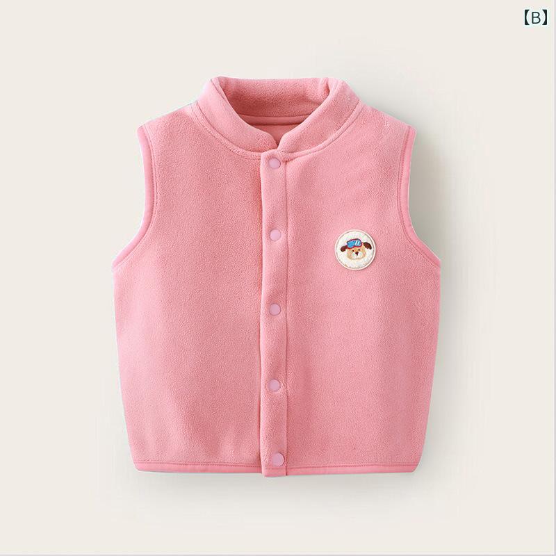 フロントップ楽天市場店のベスト キッズ ベビー 男の子 女の子 秋冬 裏起毛 ボア フリース 厚手 二重 前開き ラウンドネック アウター 保温 防寒 あったか 普段使い 重ね着 幼児服 紺 ピンク オフホワイト｜アングル3