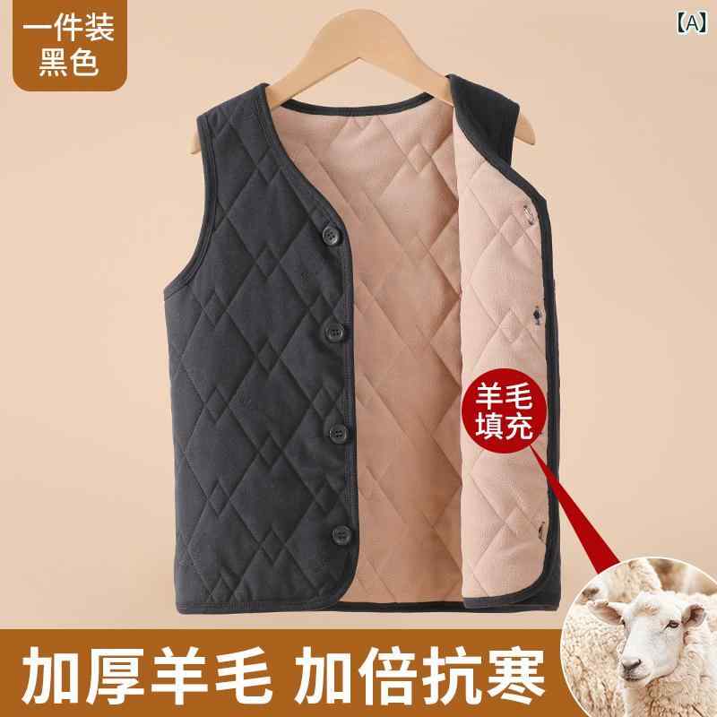 ベスト ベビー キッズ ジュニア 男の子 女の子 秋冬 裏起毛 厚手 発熱保温素材 シープボア ウール混 防寒 あったか 重ね着 普段使い 通園 通学 シンプル カジュアル グレー ピンク パープル