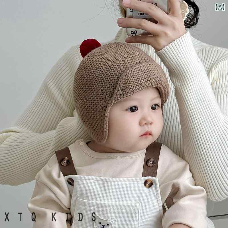 帽子 ベビー キッズ 男の子 女の子 ニット帽 ビーニー 毛糸 かわいい キュート おしゃれ カジュアル 耳当て付き 防寒 あったか 秋冬 韓国 アイボリー レッド ブラック 2