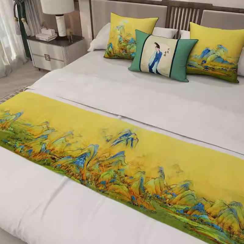 ベッドスロー おしゃれ ランナー マルチカバー 千里江山図 中華風 モダン ホテルライク 民宿 客室用 装飾 インテリア リネン 麻 アジアンテイスト アート グリーン イエロー
