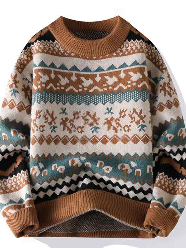 ニット メンズ ジャカード織り柄 エスニック レトロ ゆったり 厚手 保温性 クルーネック 長袖 プルオーバー 普段使い カジュアル 秋冬 グリーン ブラウン ブラック