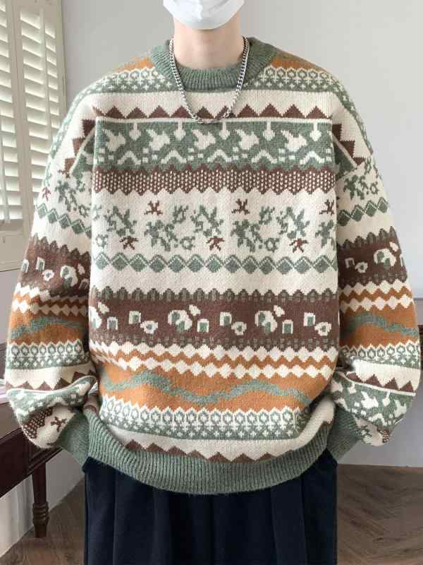 セーター メンズ フェアアイル クルーネック 民族風 ジャカード 秋冬 長袖 ゆったり プルオーバー 配色切り替え カジュアル 普段使い 緑 黒 黄