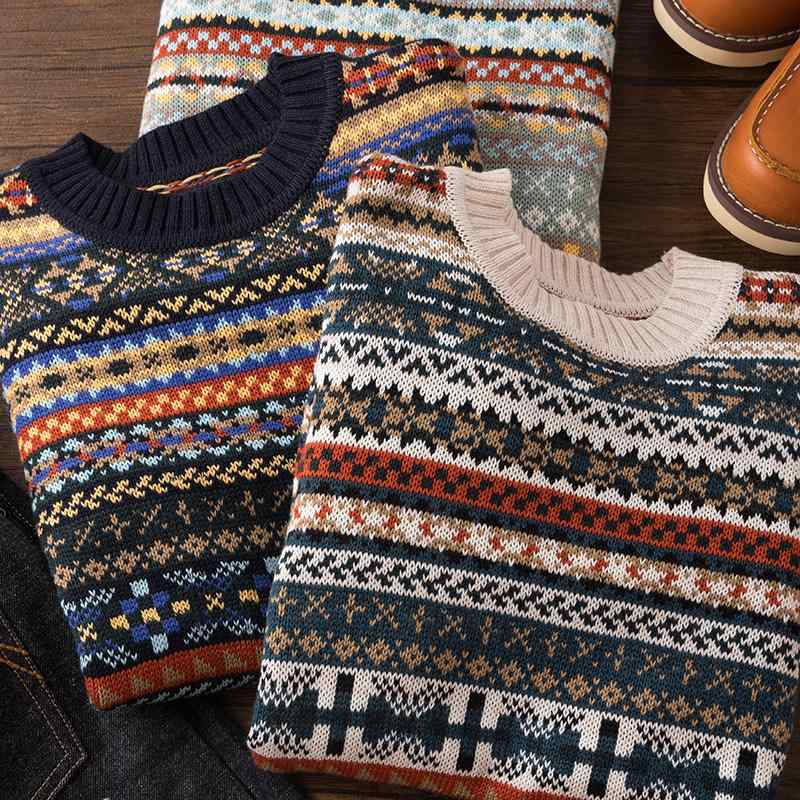 Knit Sweater - ニット メンズ フェアアイル柄 プルオーバー クルーネック アメカジ アメリカンカジュアル レトロ ヴィンテージ風 セーター 長袖 配色切り替え カジュアル 普段使い おしゃれ 暖かい 秋冬 ブルー系 アイボリー系 カーキ系
