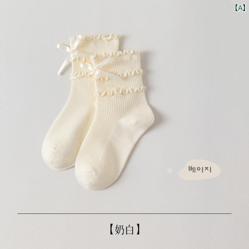 靴下 キッズ 女の子 春秋 シームレス 精梳綿 韓国 メロウフリル リボン プリンセス ミドル丈 クルー丈 ..