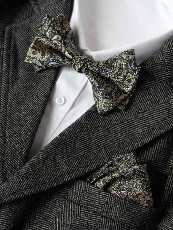ネクタイ メンズ 花柄 レトロ ヴィンテージ風 ビジネス カジュアル ボウタイ ポケットチーフ ポリエステル 色織 墨染ブラウン ダークゴールド