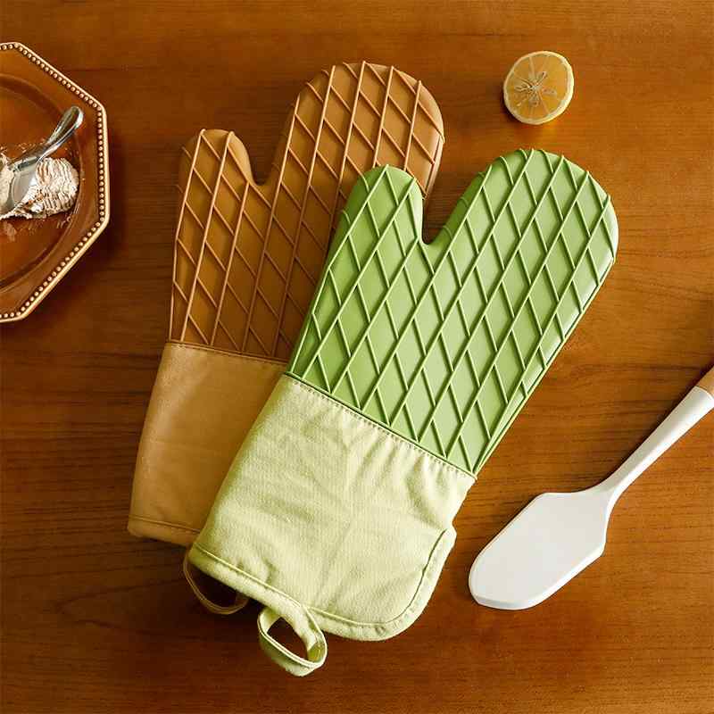 オーブンミトン メンズ レディース キッチン用品 耐熱手袋 シリコン製 5本指 防水 電子レンジ オーブン ベーキング 調理用 断熱 鍋つかみ 抹茶グリーン キャラメルブラウン