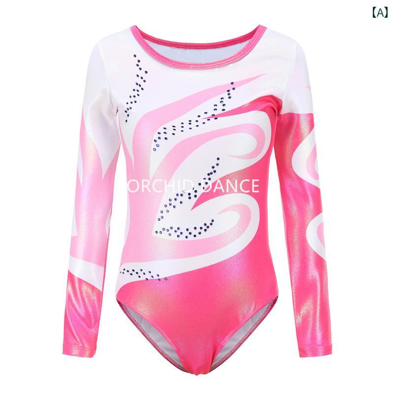 フロントップ楽天市場店のレオタード 女の子 キッズ ジュニア 新体操 体操服 ダンスウェア 長袖 プロ仕様 トレーニング 競技用 エアロビクス 団体競技 練習着 ポリエステル 紫 青 ピンク｜アングル2