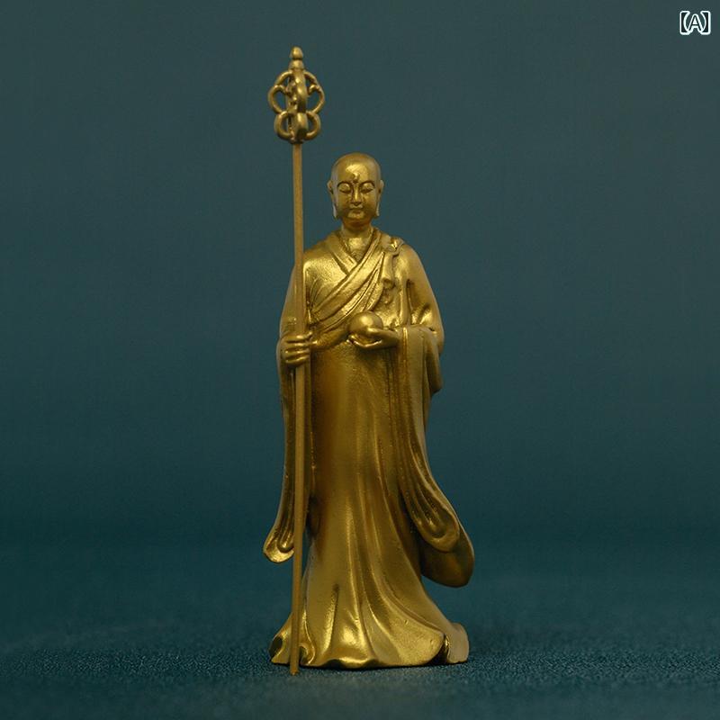地蔵菩薩像 置物 おしゃれ 九華山 禅意 レトロ 真鍮製 ミニサイズ 卓上飾り 携帯仏 守り本尊 瞑想 供養 インテリア オブジェ 癒しグッズ 玄関 リビング 装飾 小さめ 光沢 金