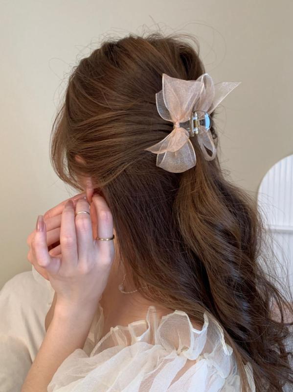 ヘアクリップ レディース メッシュ リボン バンスクリップ 黒 シャンパン 上品 エ...
