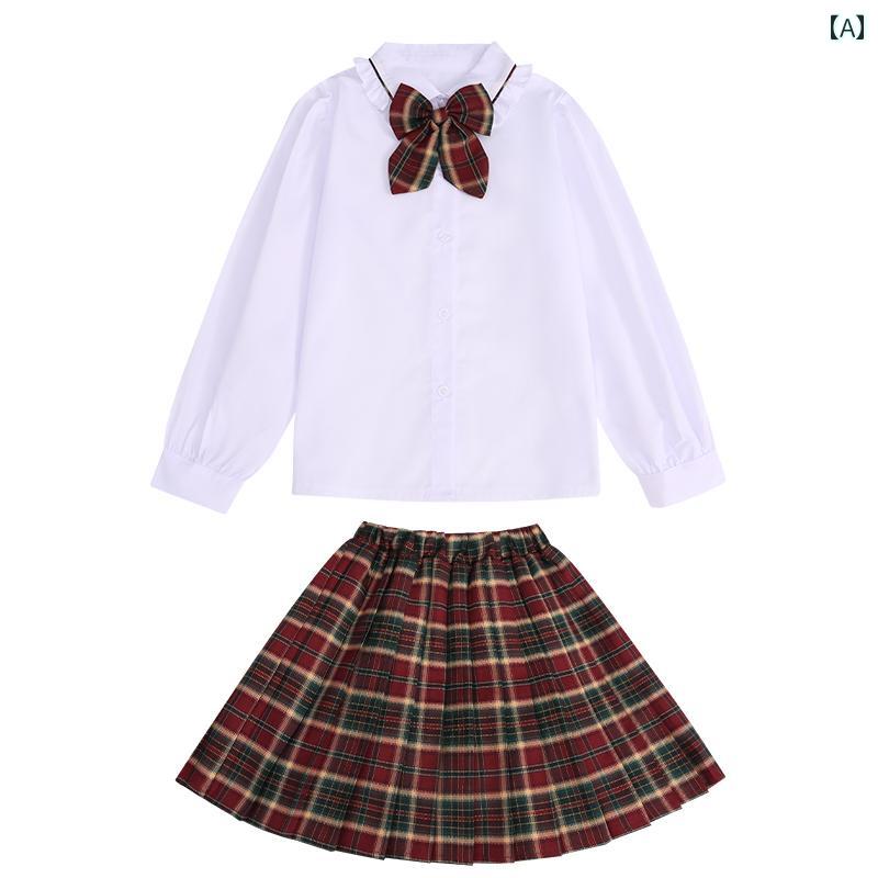 フロントップ楽天市場店のキッズ 女の子 スクール セットアップ 上下セット JK制服 ユニフォーム 学院風 長袖シャツ ネクタイ プリーツミニスカート 白 発表会 入学式 卒業式 フォーマル 春秋冬｜アングル2