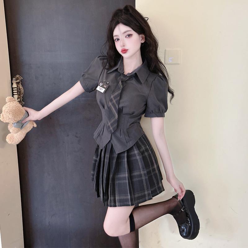 JK制服 レディース スクール風 セットアップ 上下セット シャツ ブラウス プリーツスカート 春夏 おしゃれ 若見え 着痩せ スタイルアップ セクシー 純欲 コットン 2点セット 通学 デート 普段使い グレー ホワイト チェック柄
