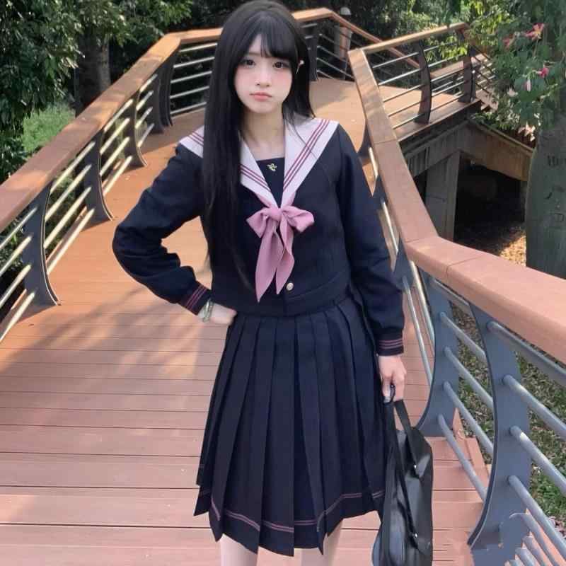 セーラー服 レディース JK制服 学院風 スクールライク セーラー襟 長袖 トップス 紺 ポリエステル プリーツスカート セットアップ 学生 通学 カジュアル
