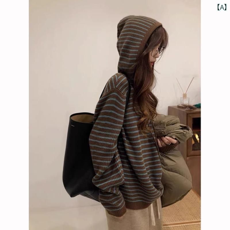 Three-Quarter Knit - ニット レディース ボーダー柄 ストライプ フード付き ウール プルオーバー トップス ゆったり ルーズフィット オーバーサイズ パーカー 秋冬 通勤 普段使い 柔らか あったか 厚手