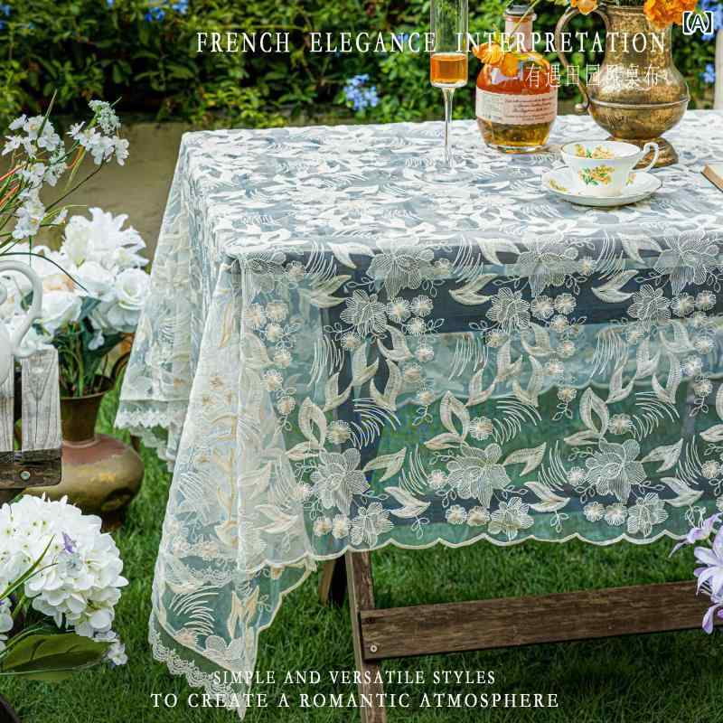 テーブルクロス 白 フラワー フレンチ レース 立体 刺繍 透け感 カントリー ヨーロピアン センターテーブルカバー ポリエステル 花柄 ダイニング リビング 上品