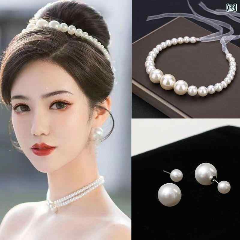 ヘアアクセサリー レディース ブライダル 結婚式 ウェディング ヘッドドレス カチューシャ 大粒パール パール ビーズ レトロ クラシック 調 サテン エレガント フォーマル 小物