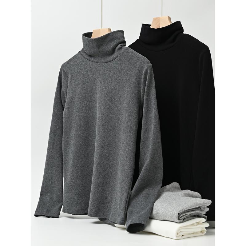Three-Quarter Knit - トップス レディース 超長綿 綿混 コットン 起毛 ハイネック タートルネック 長袖 スリムフィット 無地 インナー 普段使い ストレッチ 秋冬 黒 白 グレー