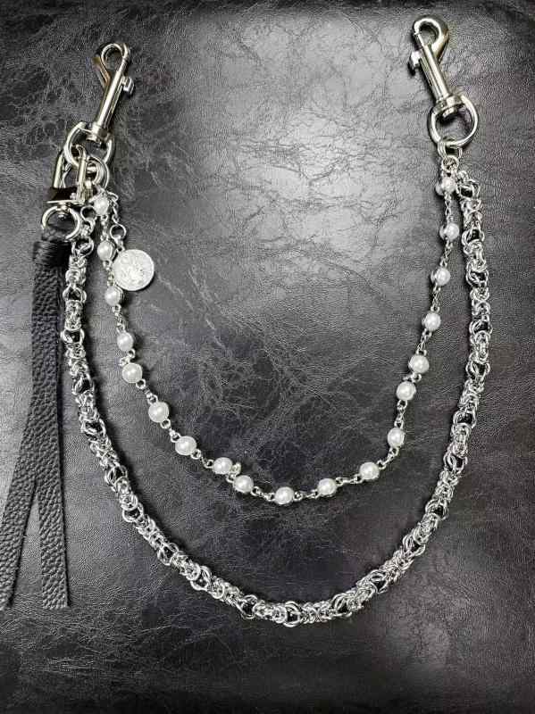 ウォレットチェーン メンズ レディース ダブルレイヤー ビーズ ハンドメイド シンプル メタル カジュアル ストリート ファッション ブラック レッド グリーン(4.0)