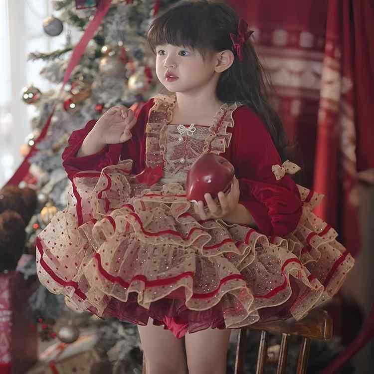 ワンピース 女の子 ベビー ロリータ プリンセスドレス 洋装 誕生日 1歳 記念日 礼服 フォーマル セレモニー パニエ風 チュール レース フリル スクエアネック 長袖 綿 ハイウエスト ミディ丈 赤 春秋