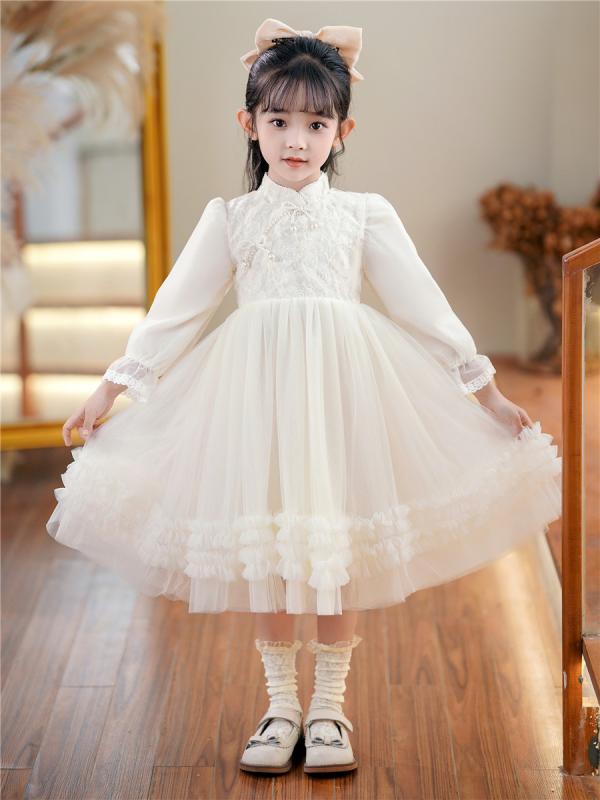 ワンピース 女の子 新チャイナ風 チャイナドレス プリンセスドレス フラワーガール フォーマル チュチュ チュールスカート レース パール 長袖 無地 白 杏 ピンク 春夏