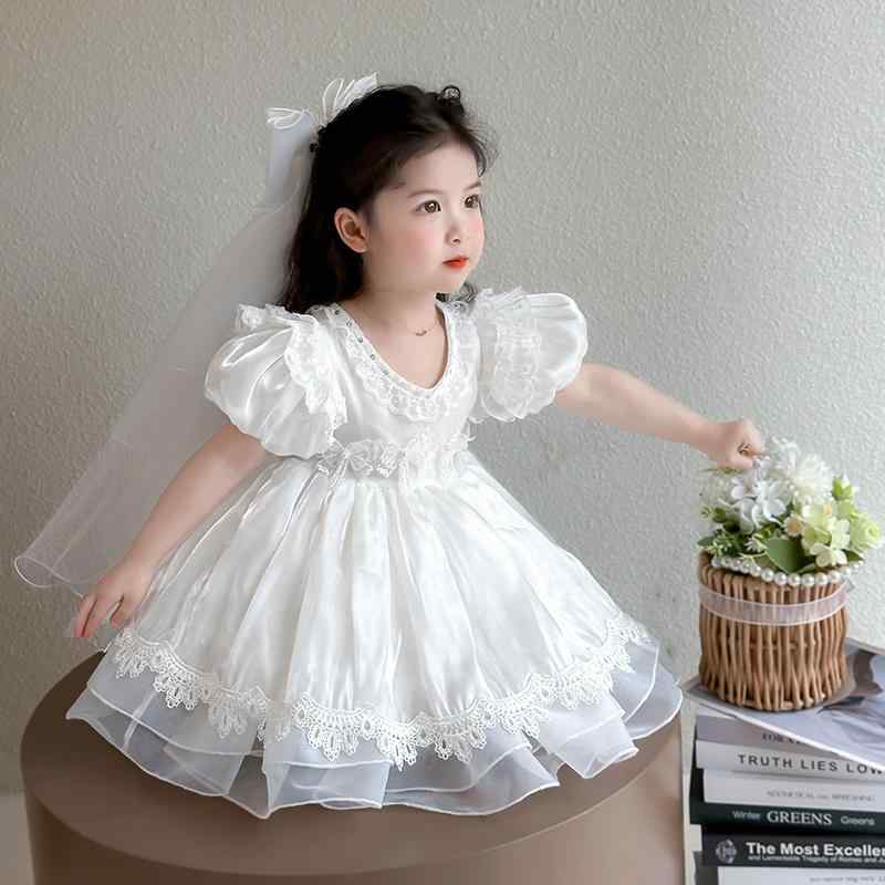 樂天商城 - ワンピース 女の子 ベビー ロリータ かわいい プリンセスドレス バースデー 結婚式 フラワーガール フォーマル Aライン ミモレ丈 半袖 パフスリーブ チュール レース ホワイト 夏