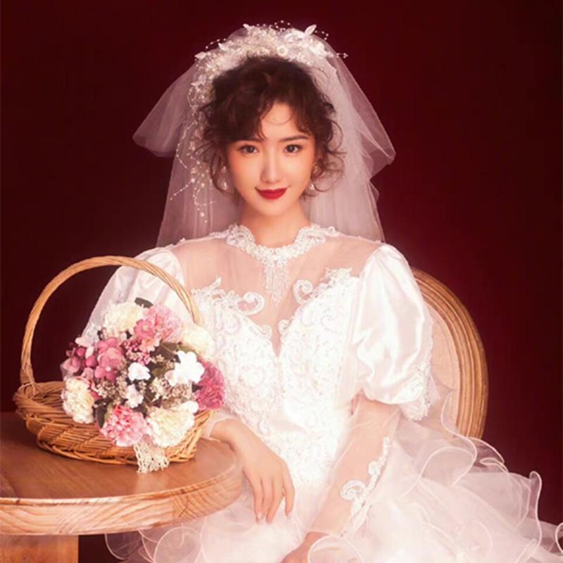 ウェディングベール レディース 80年代 香港風 レトロ ヴィンテージ風 パール ビーズ チュール ショート丈 ミドル丈 結婚式 披露宴 前撮り ウェディングフォト ブライダル オフホワイト アイボリー