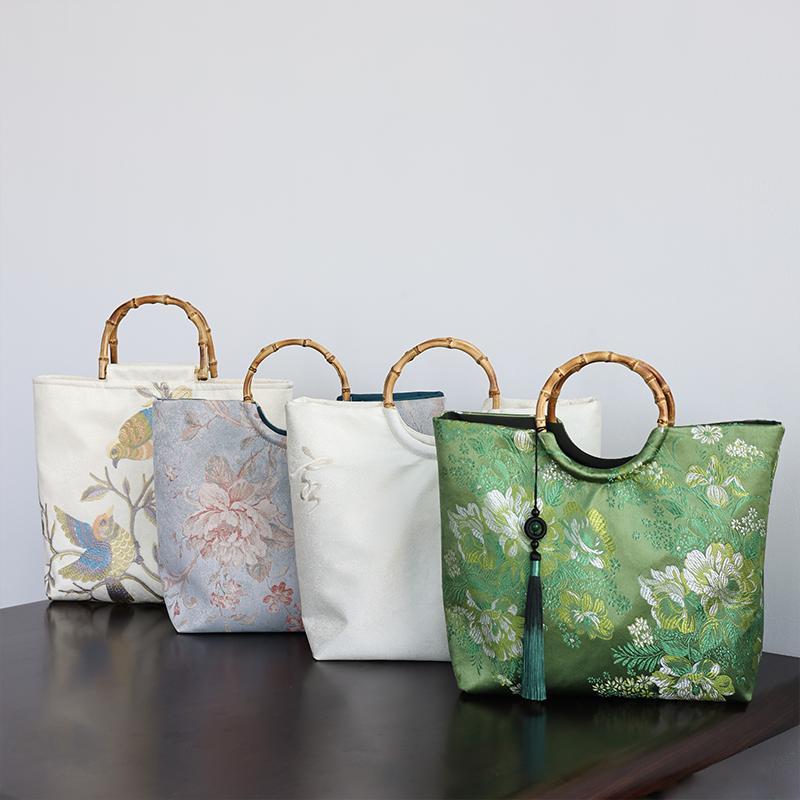 バッグ メンズ レディース レトロ 文芸風 布製 ファブリック 刺繡 ジャカード織り ラウンドハンドル 大容量 ハンドバッグ 和風 オリエンタル バンブー チャイナドレス風