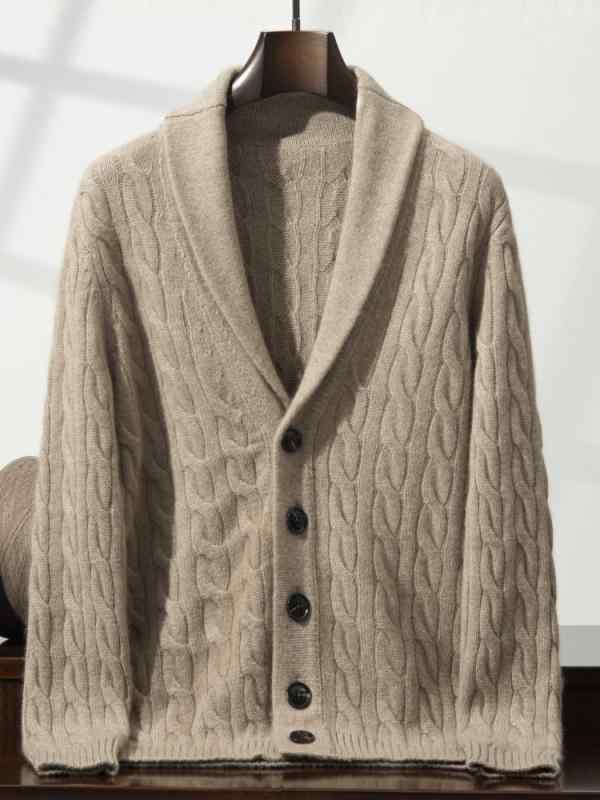 カーディガン メンズ 山羊絨 ショールカラー ケーブル編み ざっくり編み 厚手 ヘビーウェイト ボタン付き ゆったり オーバーサイズ リラックスフィット カジュアル ビジネス 普段使い 秋冬 冬 ブラック グレー キャメル