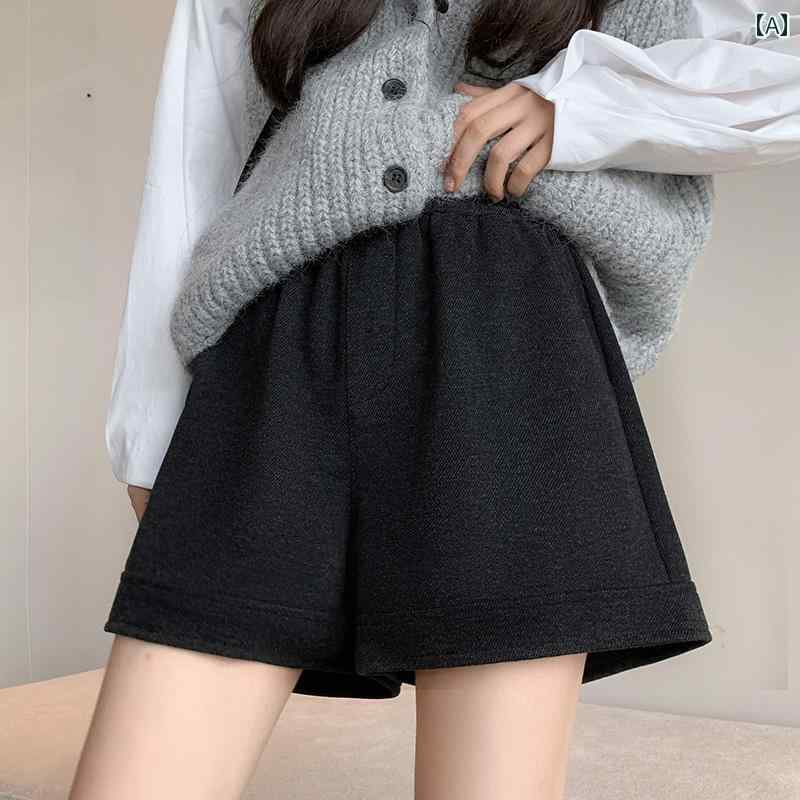 ショートパンツ レディース ウール調 メルトン 質感 ハイウエスト 3分丈 ワイド フレア キュロット 着回し 万能 ストレッチ 伸縮性 シンプル 通勤 普段使い ポケット付き レギュラーフィット 秋冬 ポリエステル ブラックグレー カーキ オフホワイト