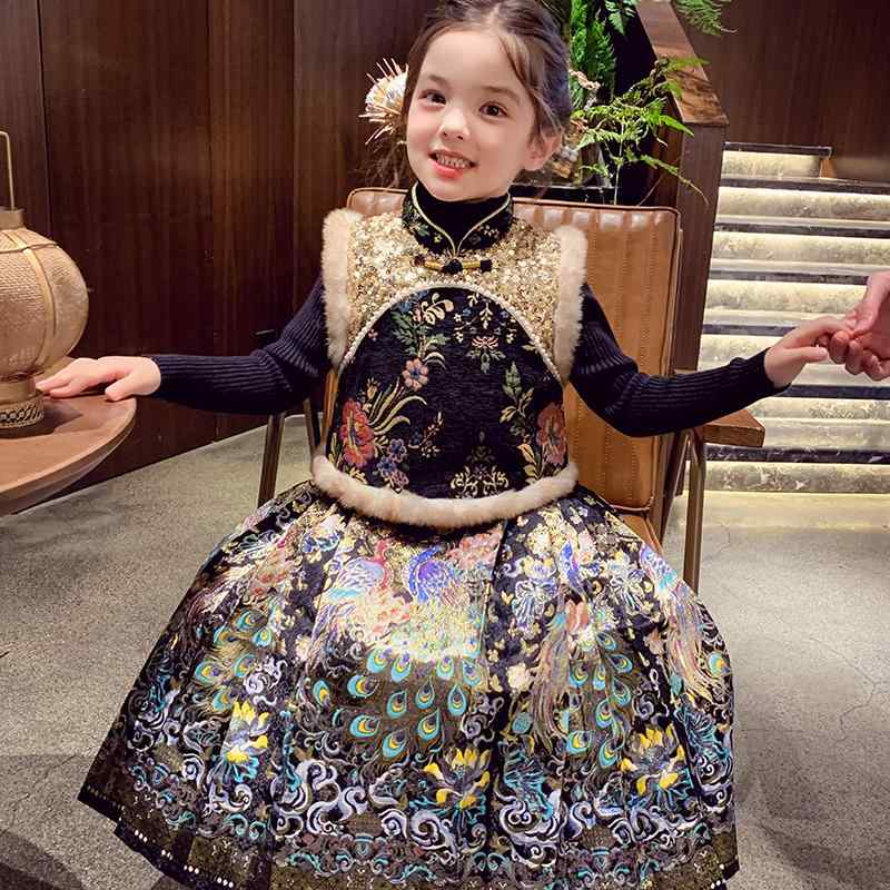 樂天商城 - セットアップ キッズ 女の子 馬面スカート マミェンスカート ベスト ジレ 中国風 チャイナ風 唐装 新年 お正月 お祝い 厚手 切り替え 秋冬 ジュニア 黒 赤