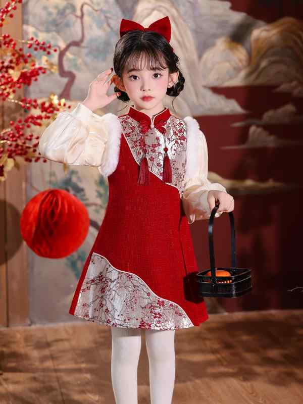 ワンピース 女の子 ベビー 子供 1歳 漢服 チャイナドレス セットアップ 国風 フォーマルウェア 礼装 秋冬 刺繡 長袖 ポリエステル ミディ丈 ラウンドネック 赤 ピンク
