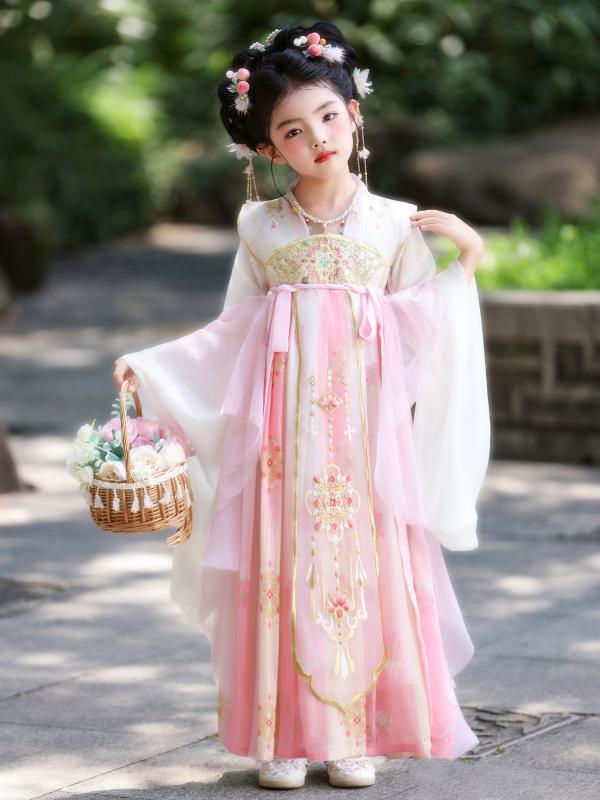 ワンピース 女の子 子供 漢服 伝統衣装 中国風 中秋節 七仙女 日常着 カジュアル エレガント シフォン素材 ポリエステル 長袖 ピンク オレンジ グリーン