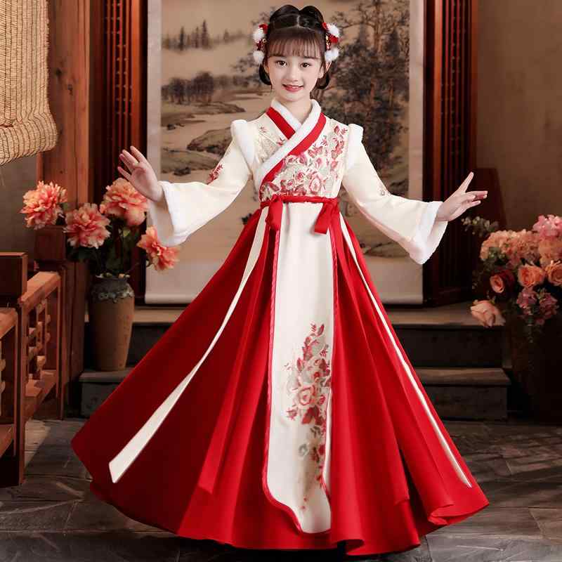 ワンピース 女の子 子供服 キッズ 漢服 チャイナドレス 中国風 古典衣装 伝統衣装 新年 お正月 年賀服 帰省 初詣 お祝い イベント 秋冬 中綿入り 厚手 裏起毛 暖かい 防寒 ポリエステル 花柄 赤系 ピンク系 杏