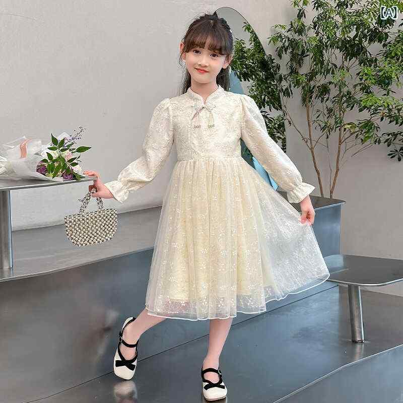 ワンピース 女の子 秋冬 ネオチャイニーズ チャイナドレス 裏起毛 長袖 Aライン スタンドカラー 綿 ポリエステル 通気性 厚手 シャンパン