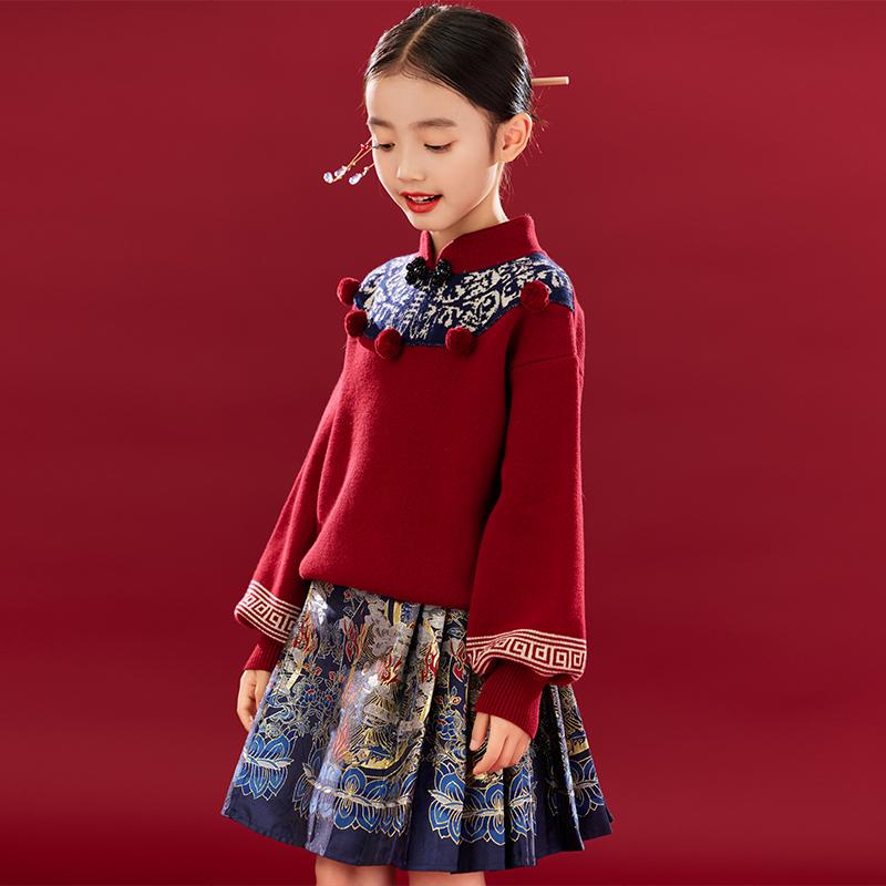 漢服 女の子 辰年 新年用 お祝い着 ニット セーター 刺繍 馬面裙 プリーツスカート 2点セット 秋冬 赤 レッド 中国風 国風 かわいい 綿 コットン 子供服 キッズファッション