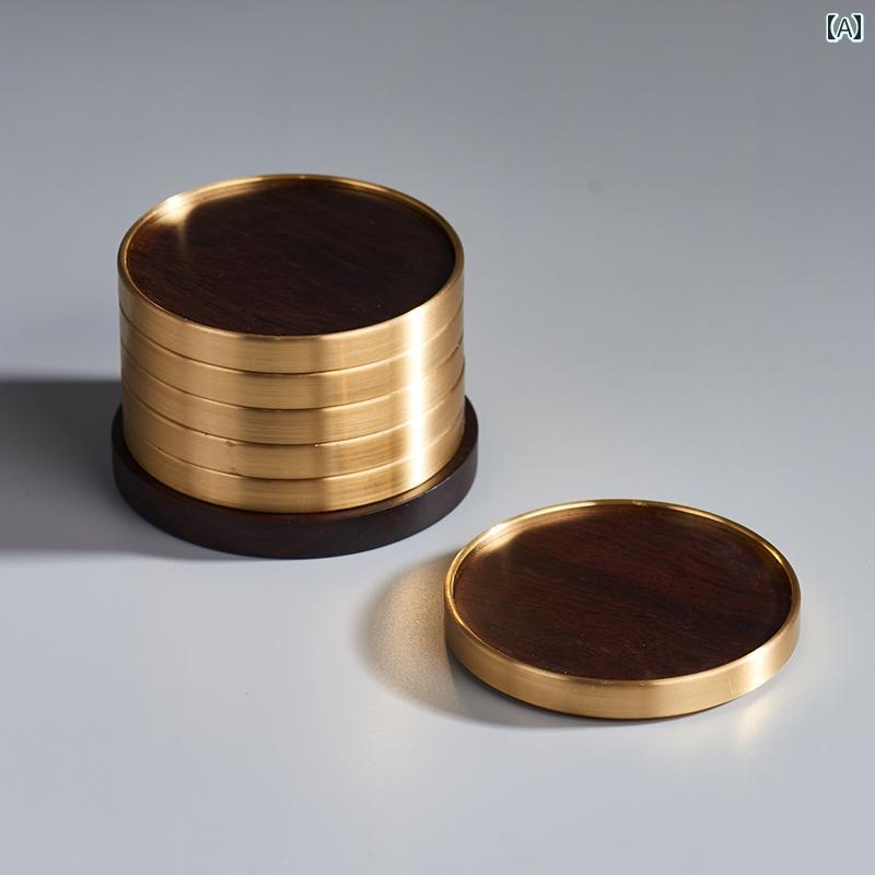 コースター 銅製 木製 無垢材 新中国風 モダン おしゃれ 断熱 保温 茶托 円形 茶道用 来客用 普段使い ギフト 黒檀 花梨