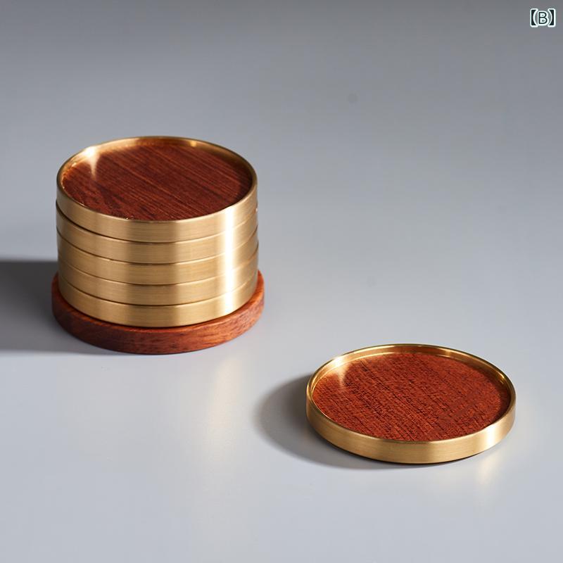 コースター 銅製 木製 無垢材 新中国風 モダン おしゃれ 断熱 保温 茶托 円形 茶道用 来客用 普段使い ギフト 黒檀 花梨