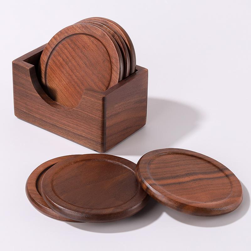 コースター 茶托 和風 無垢材 黒胡桃木 ウォールナット ブナ材 木製 断熱 収納 茶器 茶道具 茶道アクセサリー 円形 カップマット セット