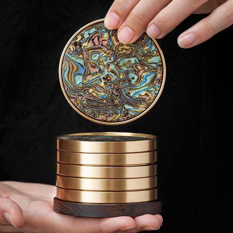 茶托 コースター 螺鈿細工 純真鍮製 カップマット 茶道 工夫茶器用 茶器アクセサリー 断熱 ゴールド ブルー グリーン 中華風 宮廷風 インテリア 和モダン おしゃれ