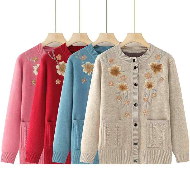 ニットカーディガン レディース シニア女性 お母さん おばあちゃん 秋冬 裏起毛 厚手 暖かい ゆったり ラウンドネック シングルボタン 普段使い 羽織り トップス キャメル レッド ブルー