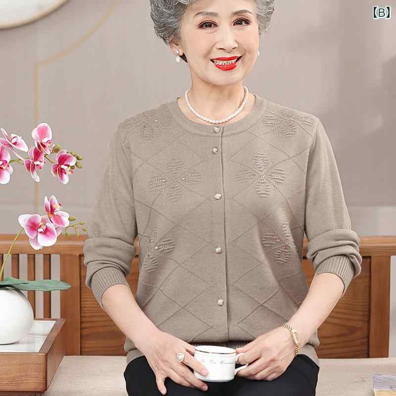 ニット カーディガン レディース シニア ママ 高齢者 秋冬 ウール ウール 丸首 ボタン ゆったり 前開き 無地 セーター トップス アウター カジュアル キャメル グリーン ワインレッド frontop-13225447 フロントップ楽天市場店 サンプル画像3