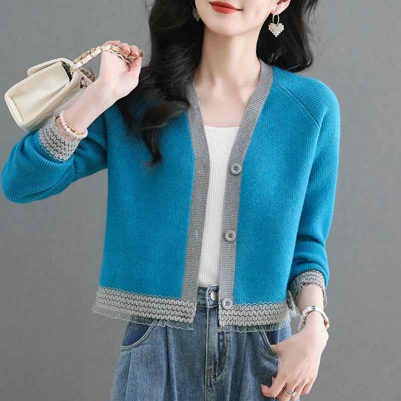 カーディガン ウール ニット ショート丈 Vネック 長袖 ゆったり ビッグシルエット ファッション 切り替え リブ フリンジ ボタン 着回し 春秋 通勤 カジュアル マルチカラー 配色(4.0)