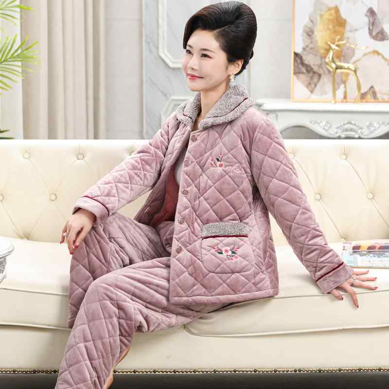 パジャマ レディース シンプル 厚手 あったか サンゴフリース 裏起毛 三層中綿入り 長袖 長ズボン 上下セット 冬 ルームウェア 部屋着 ミセス 高齢者 小襟 前開き