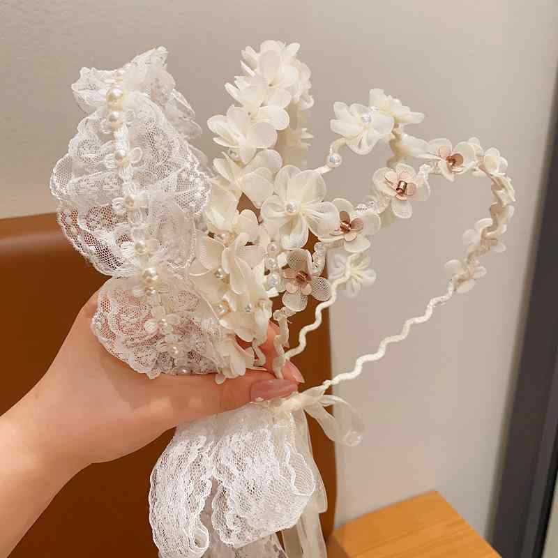 カチューシャ 女の子 キッズ パール パール 花冠 編み込み ロングリボン プリンセス 森ガール風 ナチュ..