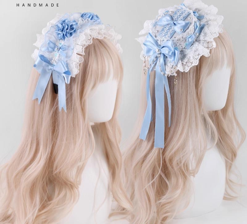 ロリータ アクセサリー レディース ハンドメイド クラシック レース リボン カチューシャ ヘアバンド ミニハット アームカバー 青と白 フェミニン かわいい 春夏 イベント パーティー