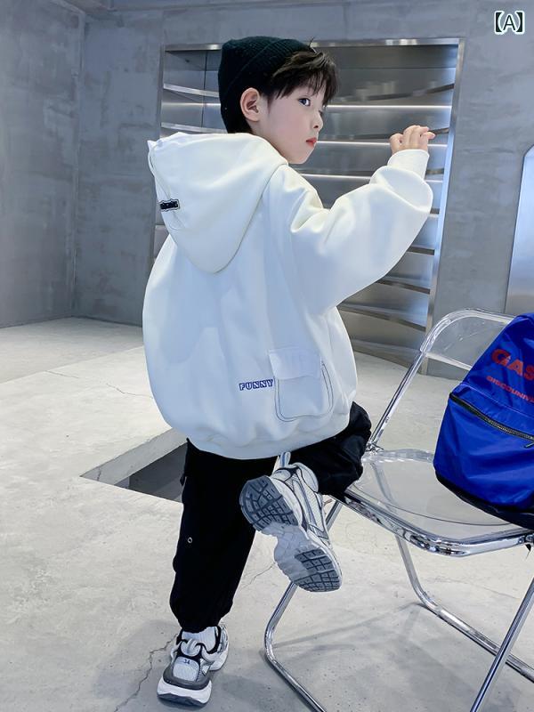・対象年齢: 3歳～14歳・素材: 綿混紡・柄: 文字、数字・スタイル: 韓国・性別: メンズ・前立て: プルオーバー・フード: あり（取り外し不可）・カラー展開: ホワイト、ブラック・裏地: 起毛・サイズ展開: 110cm、120cm、130cm、140cm、150cm、160cm、170cm・厚さ: 裏起毛