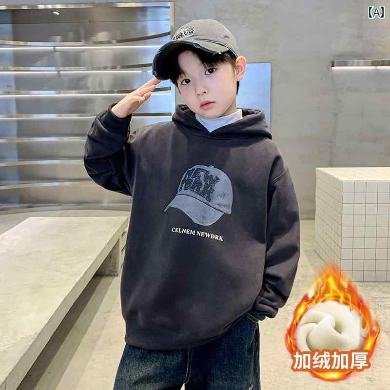 ・スタイル: 韓国・裏地タイプ: フリース裏地・対象年齢: 5歳以上・フード: 取り外し不可・機能: 保温・厚さ: 裏起毛・柄: ロゴ、数字、文字・前立て: プルオーバー・性別: 男性・参考身長: 130cm、140cm、150cm、160cm、170cm、180cm・カラー展開: ダークグレー（裏起毛）、レッド（裏起毛）