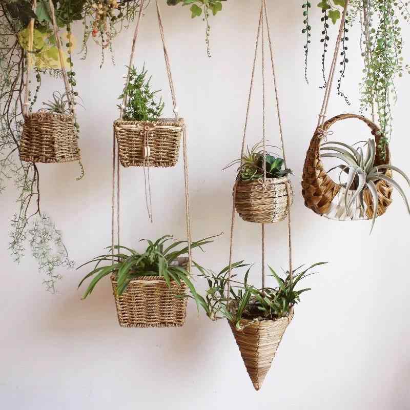 植木鉢 吊り下げ式 ハンギングバスケット 草編み 藁編み ラタン 籐 手編み 観葉植物 多肉植物 室内 屋..