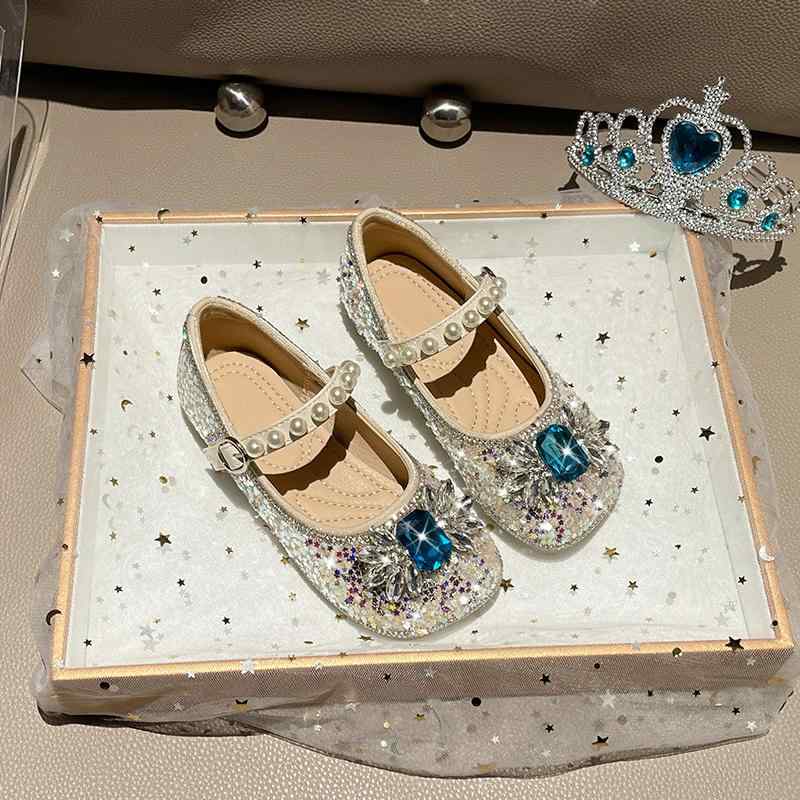 Formal Shoes - シューズ 女の子 キッズ プリンセス クリスタル ラインストーン ソフトソール パンプス フラットシューズ 革靴 スクエアトゥ 合成皮革 普段使い 発表会 フォーマル 歩きやすい 滑りにくい 春夏 アイボリー ピンク