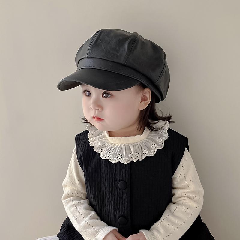 Beret - キャスケット 八角ベレー帽 キッズ ベビー 男の子 女の子 秋冬 フェイクレザー 合皮 レトロ おしゃれ 保温 防寒 防風 カジュアル お出かけ カーキ ブラック キャラメル